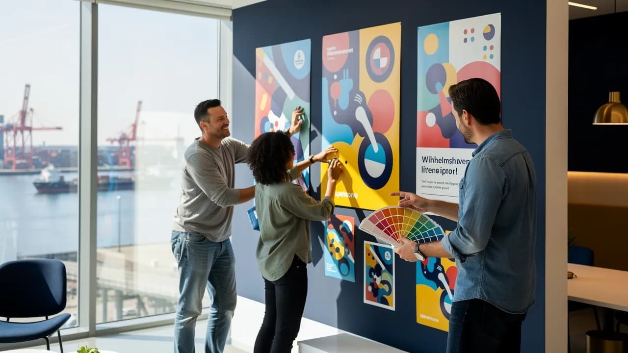Werbeagentur Wilhelmshaven: Kreativteam mit Plakatentwürfen im Studio mit Blick auf den Hafen