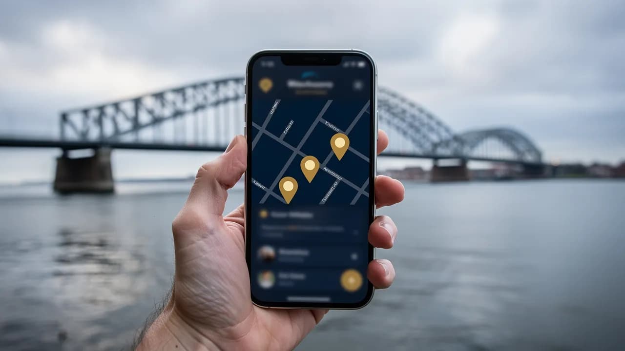 Homepage Wilhelmshaven: Smartphone mit lokaler Google-Suche und Kartenansicht vor der Kaiser-Wilhelm-Brücke