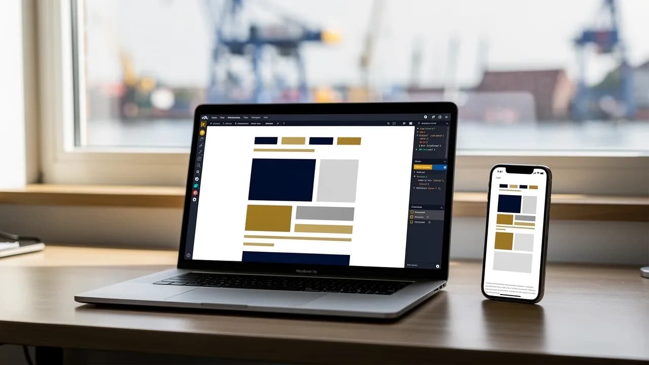 Webseite Agentur Wilhelmshaven: Entwickler prüft eine handgebaute Firmenwebseite auf Laptop und Smartphone, im Hintergrund der Hafen